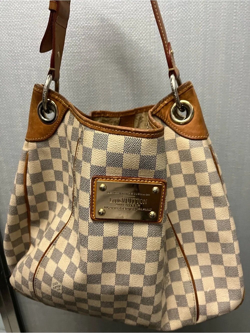 Louis Vuitton Damier Azur Shoulder Bag in Cream and Tan Leather Trim